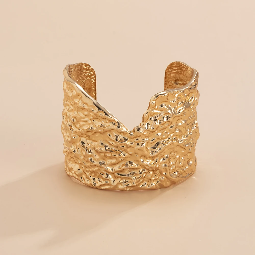 Bangle Bracelet Lava Gold Silver Color Wide Cuff Irregular Geometry Metal Hammer Open