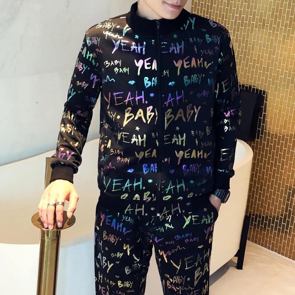 

Autumn Sportswear Men Colorful Hot Stamping Flower Set For Men Letter Jacket + Pants 2 Piece Sets Tracksuit Moda Hombre