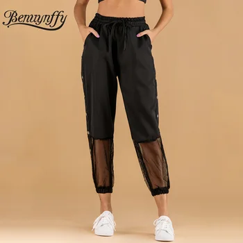 

Benuynffy Black Side Button Cargo Pants Women Spring Summer Mesh Patchwork Ladies Casual Trousers Pocket Tie Waist Capris Pants