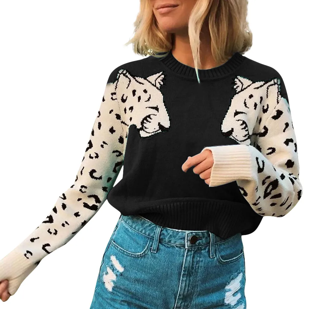 Jaycosin Fashion Women Simple Wild Animal Print Patchwork Sweater Stylish Long Sleeve Comfortable Casual Loose Top Blouse 928#4