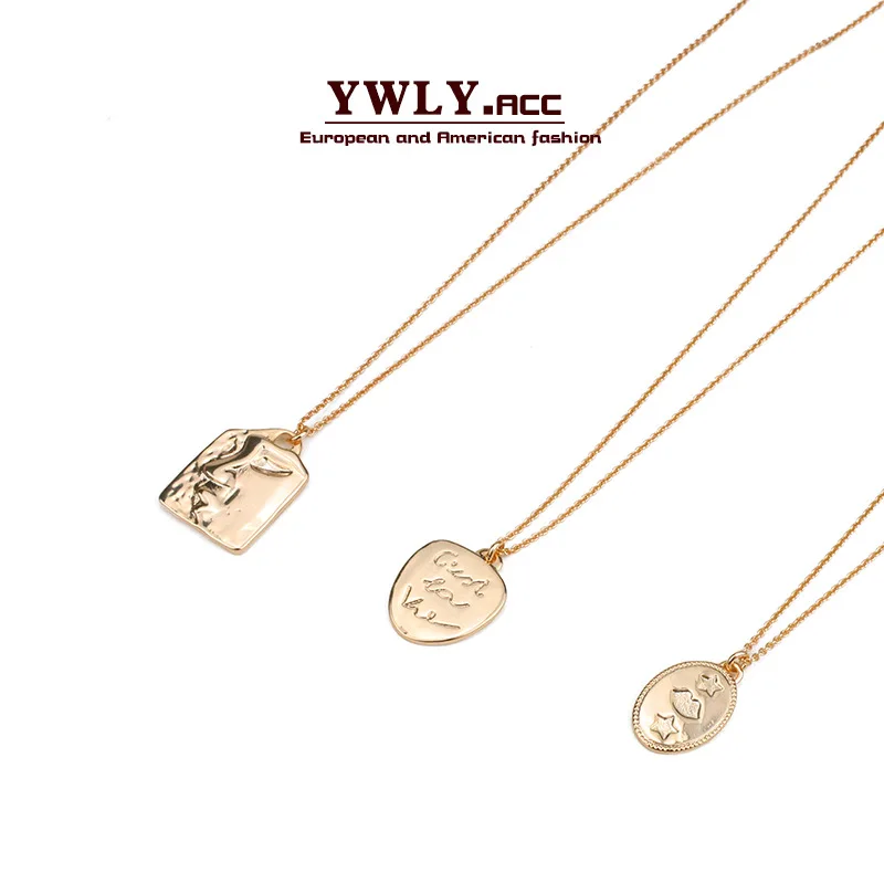 

Europe And America Pendant Necklace Abstract Face Coin Coin INS Minimalist Normcore Style Brass Creative Hip Hop Sweater Chain