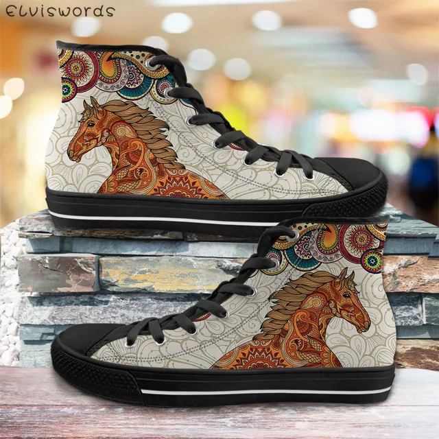 ELVISWORDS 3D Painting Horse Black High Top Women Casual Canvas Shoes Womens Vulcanize Flats Shoes Spring Woman Girls Sneakers Lavender