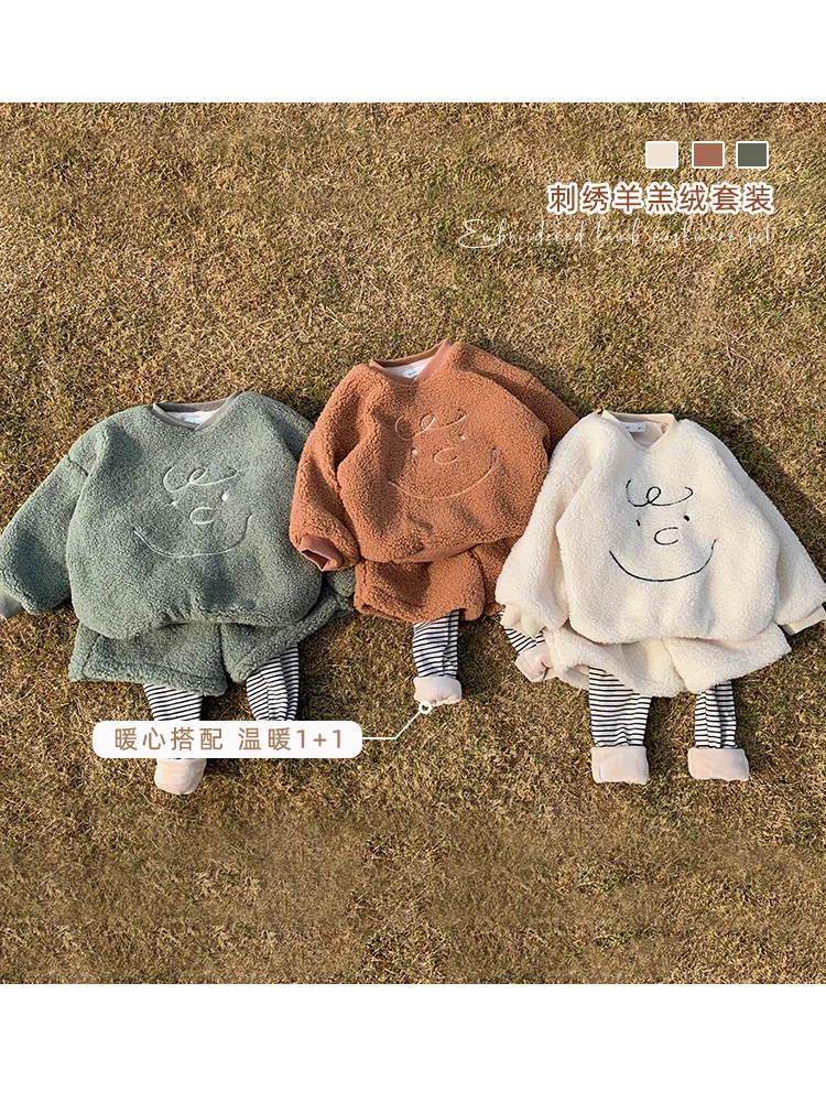 

children suit winter 2019 new girls cartoon embroidery fleece false two lambs wool trousers thicking sweatshirt and pants
