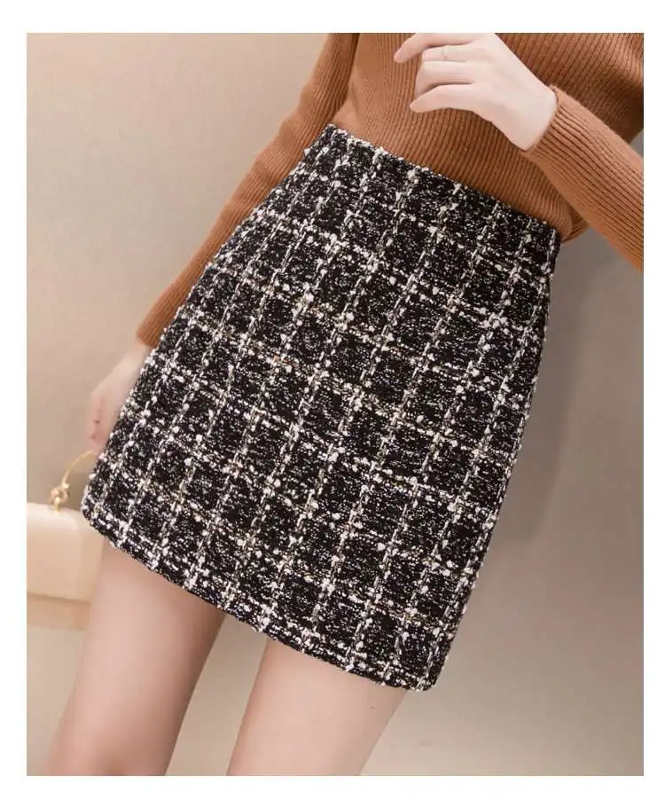 Черная твидовая юбка, Осень-зима, Женская Корейская элегантная клетчатая юбка jupe femme, милые короткие мини юбки трапециевидной формы AR429