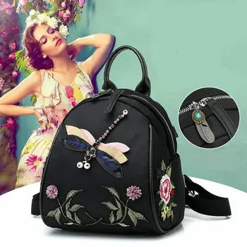 

Woman's Flower Embroidery Dragonfly Waterproof Vintage Backpack Fashionable Elegant Lady Outdoor Travel Backpack