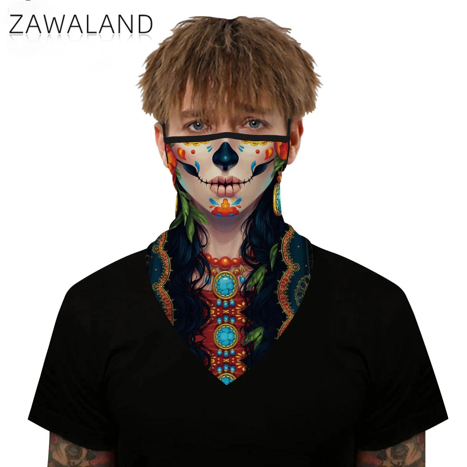 Zawaland Fashion Funny Clown Skull Printed Triangle Scarves Neck Gaiter Balaclava Bandana Men Women Halloween Party Mask mens cotton scarf