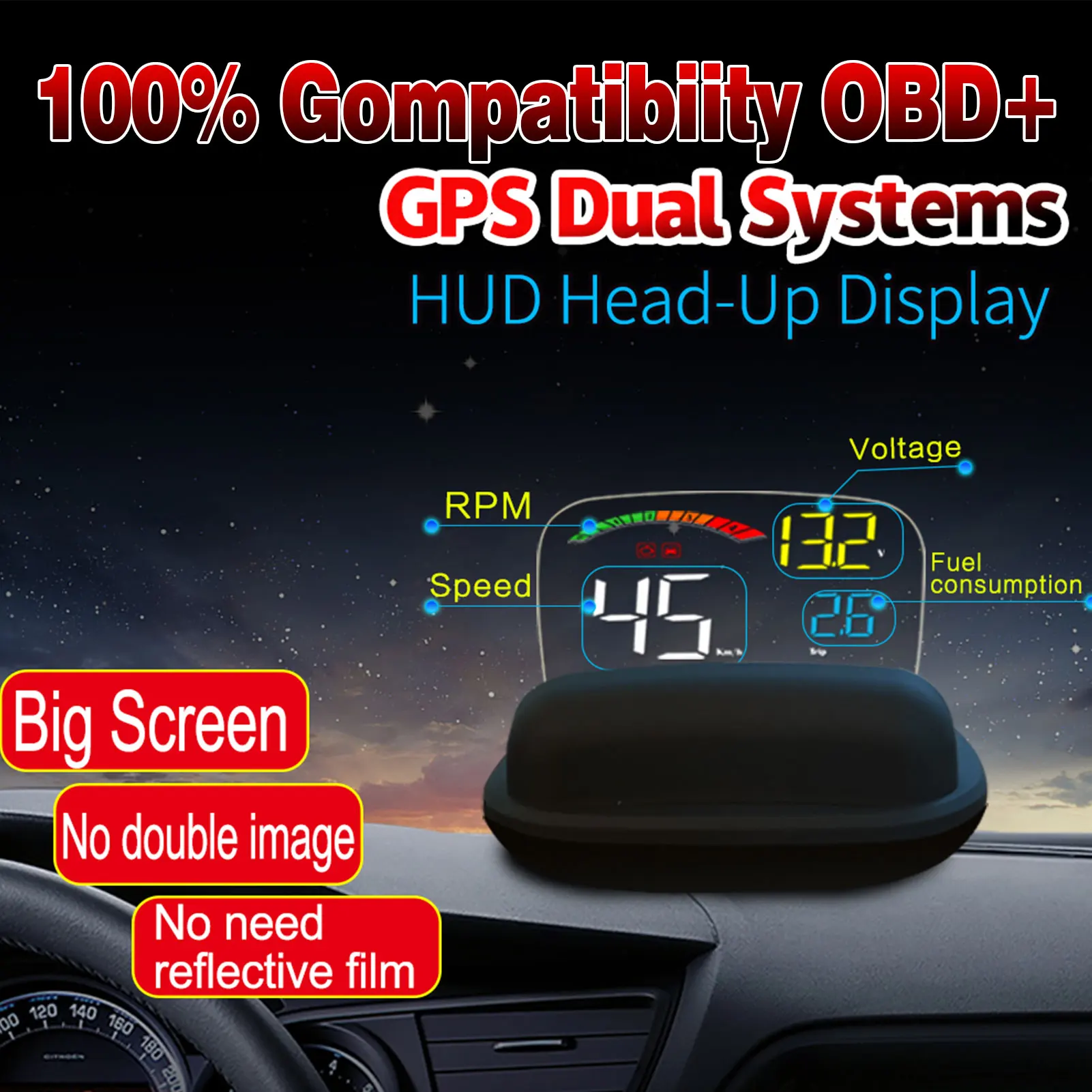 Часы GPS вождения головой вверх Дисплей лобовое стекло автомобиля OBD Скорость ometer