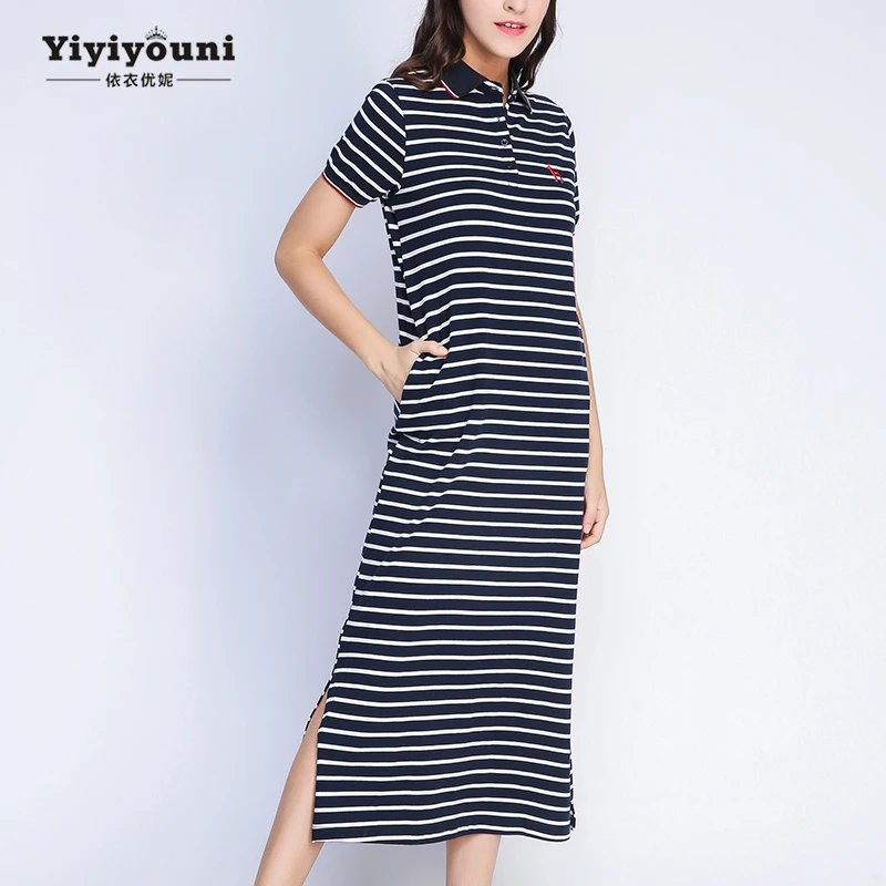 Длинное платье-рубашка женское платье в полоску с воротником поло и карманами