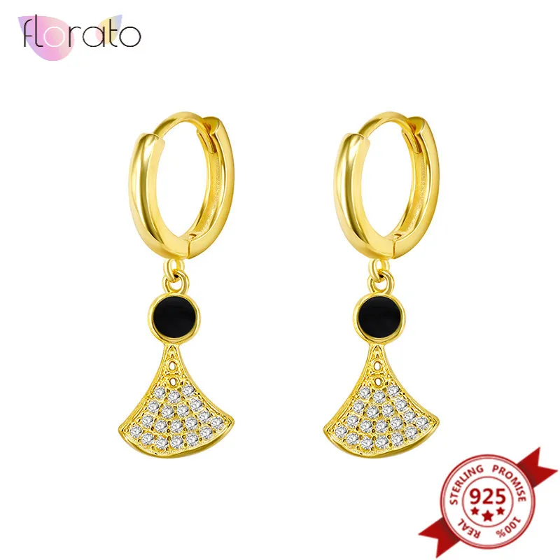 

925 Sterling Silver Ear Buckle Black Crystal Geometric Earrings for Women Crystal Sector Leaf Circle Hoop Earrings Jewelry