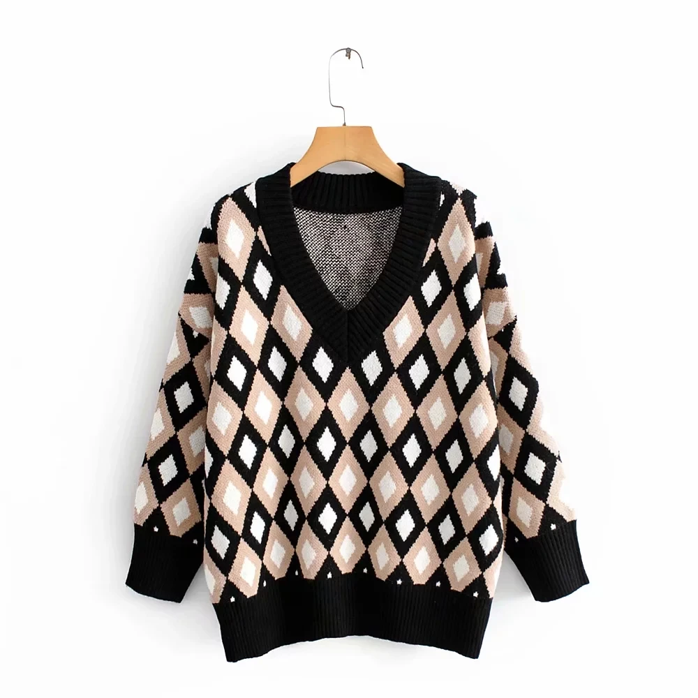 sweater ZA для женщин Осень Зима Теплые Топы трикотажные Алмаз плед свободные негабаритных свитер пуловер повседневное тянуть женская одежда - Цвет: sweater