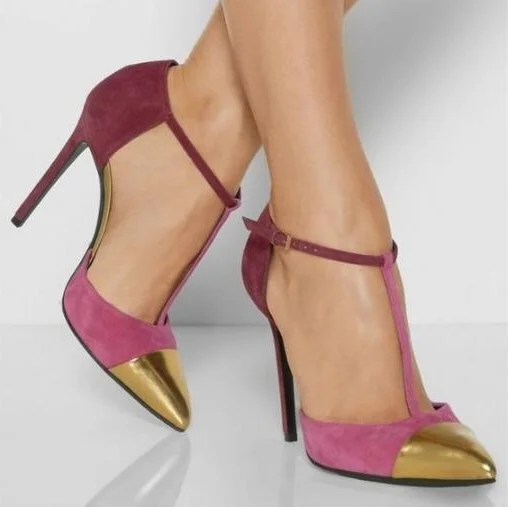 Hot Selling Gold Pointed Toe T Strap Heels Pump Shoes Women Ankle Strap Patchwork High Heel Dress Shoes Cut-out Fashion Pumps