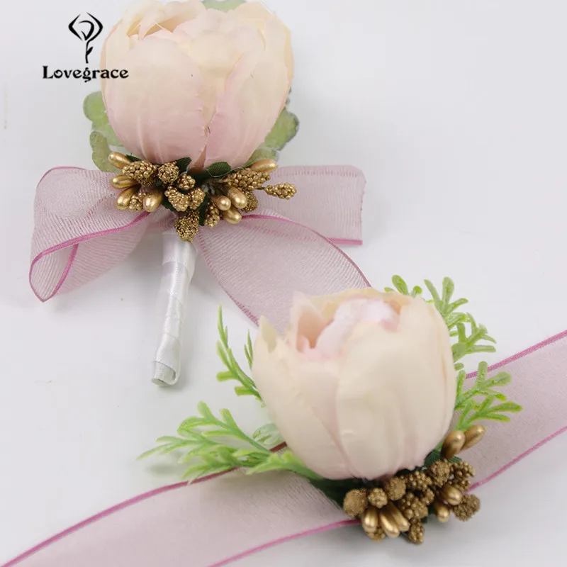 

Lovegrace Wedding Boutonniere Flower Bridesmaids Wrist Bracelet Silk Rose Wedding Groom Boutonniere Pin Mariage Witness Corsage