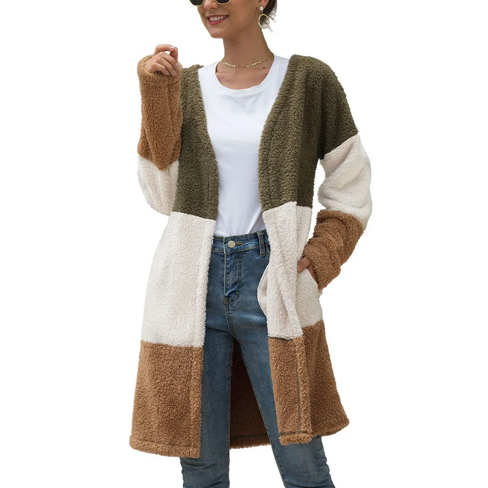 

Loozykit Women's autumn cardigan sweater jacket pocket long sleeve long three-color stitching warm casual long coat 2019