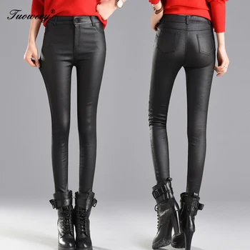 

2019 Autumn Winter Female Sexy Elastic Stretch Skinny Women Thin Velvet PU Leather Pants Tight Faux Leather Pencil Pants Trouser
