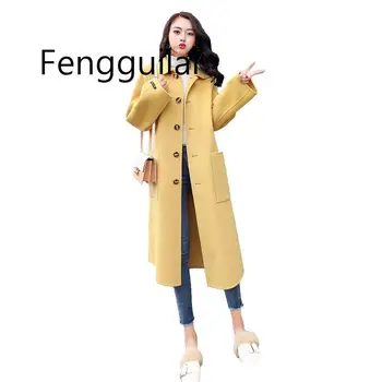 

FENGGUILAI Winter Autumn Women's Wool Trench Korean Fashion Long Woolen Coat Single Breasted Slim Female Autumn Winter Wool Coat