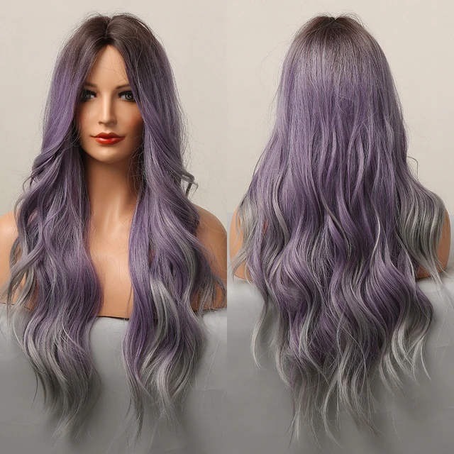 GEMMA Long Wavy Ombre Brown Purple Synthetic Wigs for Women Heat Resistant Natural Middle Part Cosplay Party Lolita Hair Wigs LC5116-1