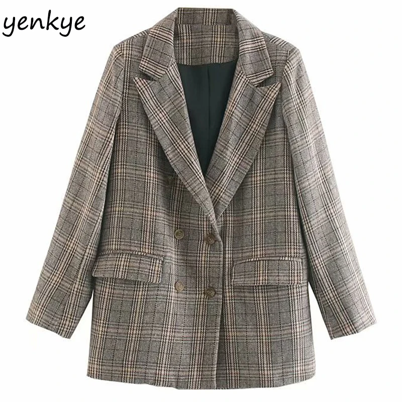 

2019 Women Vintage Plaid Casual Blazer Mujer Notched Collar Long Sleeve Double-breasted Autumn Suits Work Wear Blazers OZZ1018
