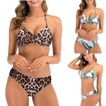 

Women Two Piece Plus Size Sexy Backless Halter Beach Printed Swimwear Set Купальник Biquini Купальники