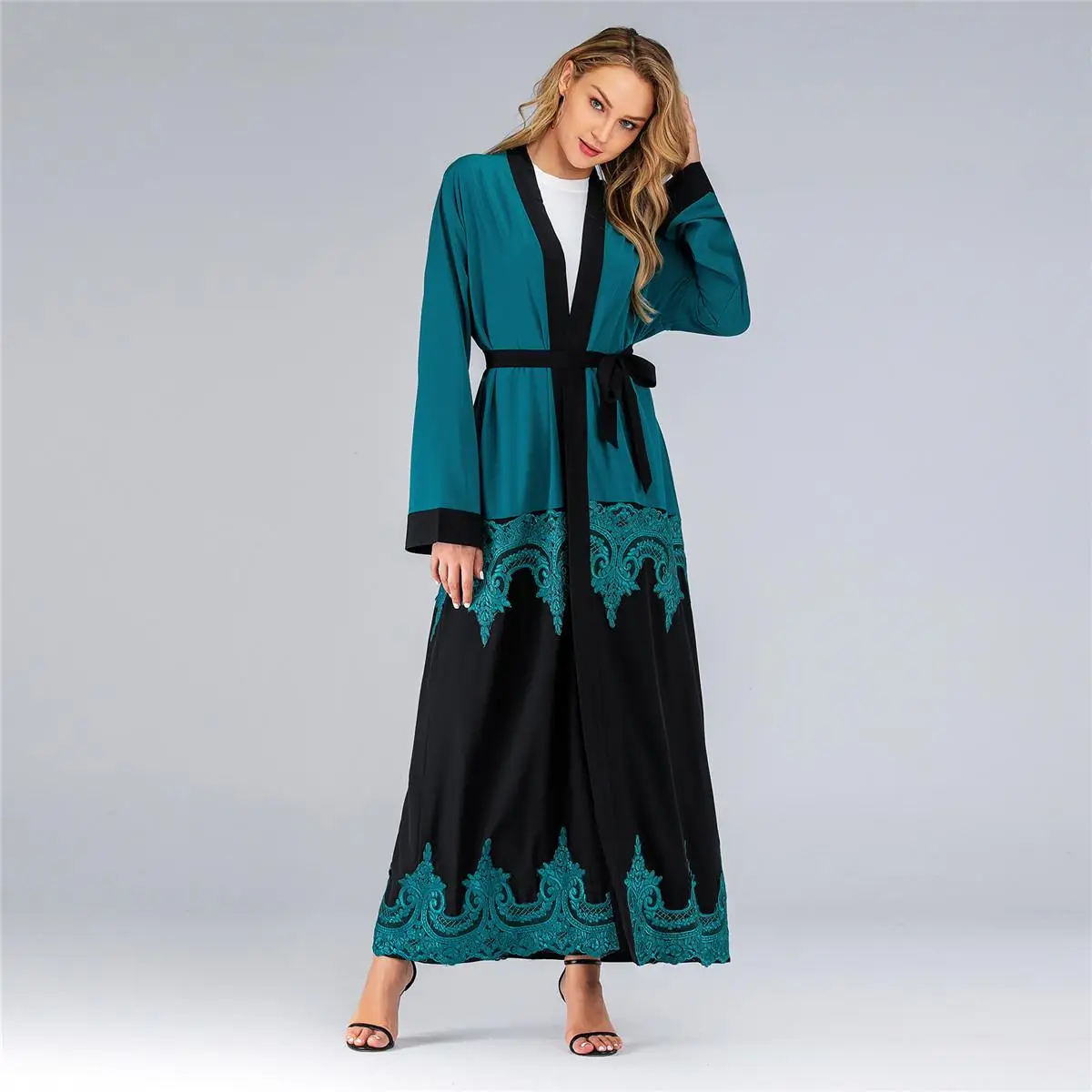 Кимоно abaya Открытый спереди кафтан с длинным рукавом Дубайский мусульманский женский кружевной кардиган лоскутное исламский, арабский одежда поклонение службы
