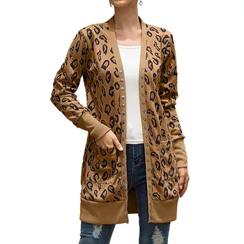 

Woman Sexy Sweater New Knitted Leopard Print Long Sleeve Coat Button Down With Pockets Autumn Winter Fashion Casual Tops #A