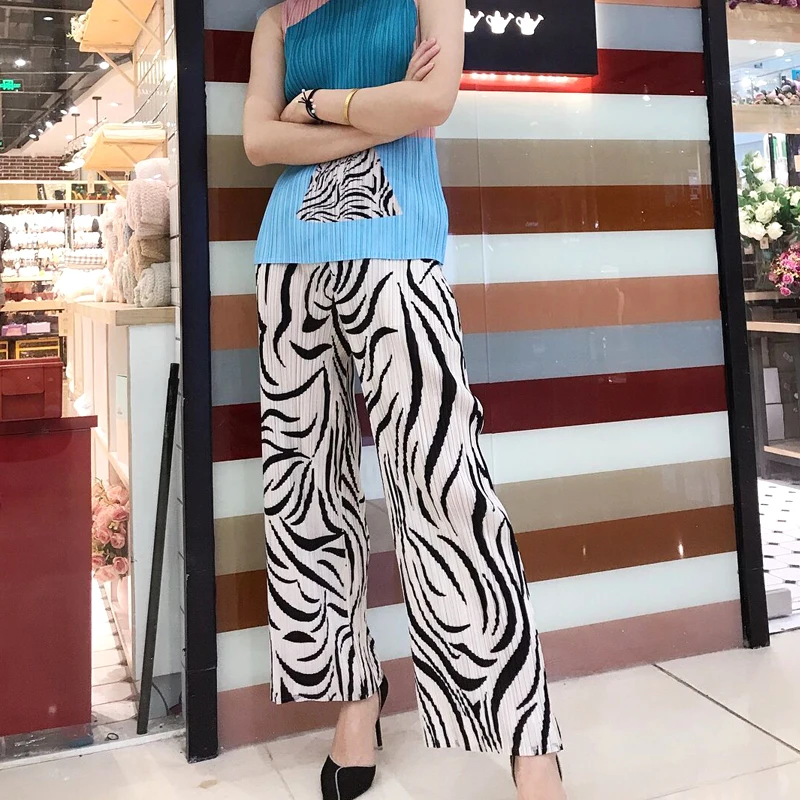 Changpleat 2019 новые женские прямые брюки с рисунком зебры Miyak плиссированные модные женские брюки с эластичной резинкой на талии большого