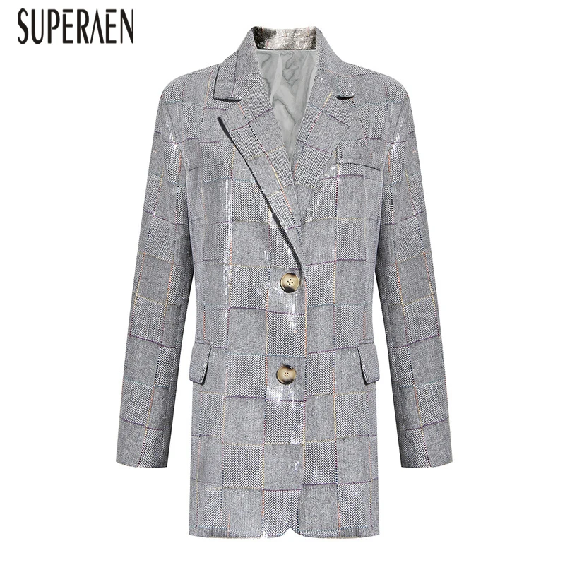 SuperAen, новинка, осенний костюм, куртки, женские, с блестками, модные, дикие, повседневные, для девушек, пиджаки, двубортные, женская одежда