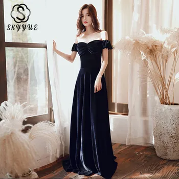 

Skyyue Solid A-Line Eveing Dress FR376 Short Sleeve Robe De Soiree Off The Shoulder Women Party Dresses Boat Neck Formal Gowns