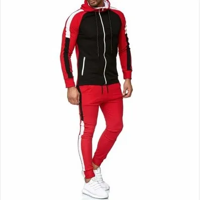 Брендовые новые мужские комплекты, модные осенне-зимние лоскутные куртки, спортивный костюм, толстовки+ спортивные штаны, комплекты из 2 предметов, тонкий спортивный костюм, одежда - Цвет: black red
