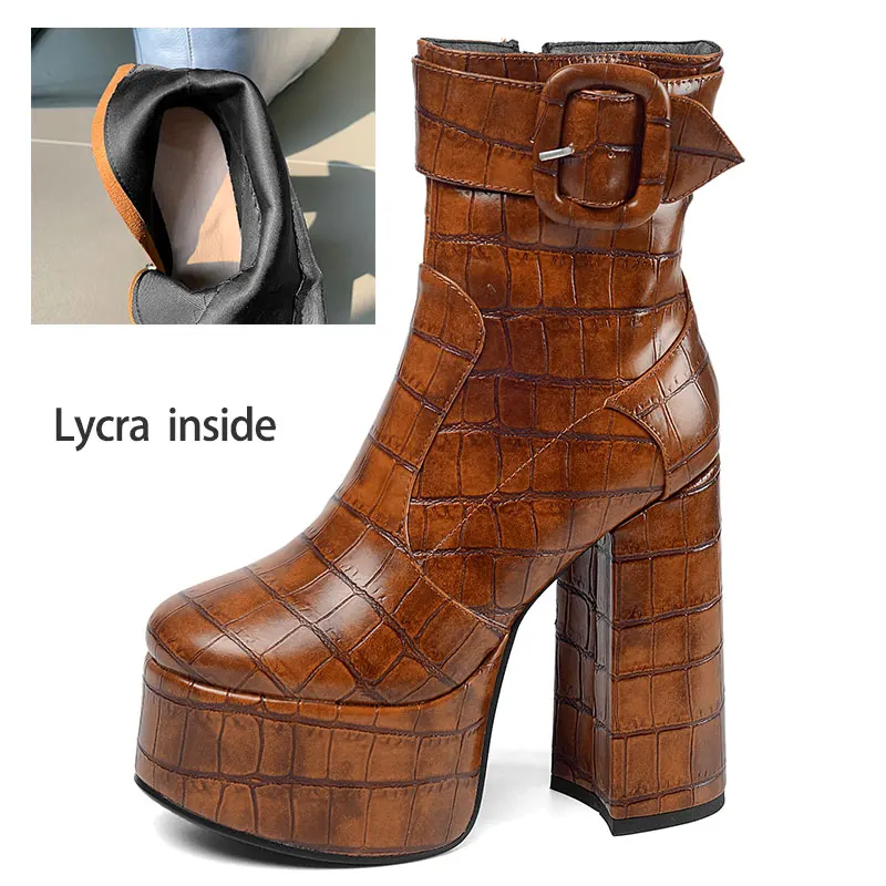 Lycra brown Lsewilly/готическая обувь для подиума на толстом квадратном массивном каблуке и платформе женские ботильоны из микрофибры с пряжкой и узором «крокодиловая кожа» - Цвет: Lycra brown