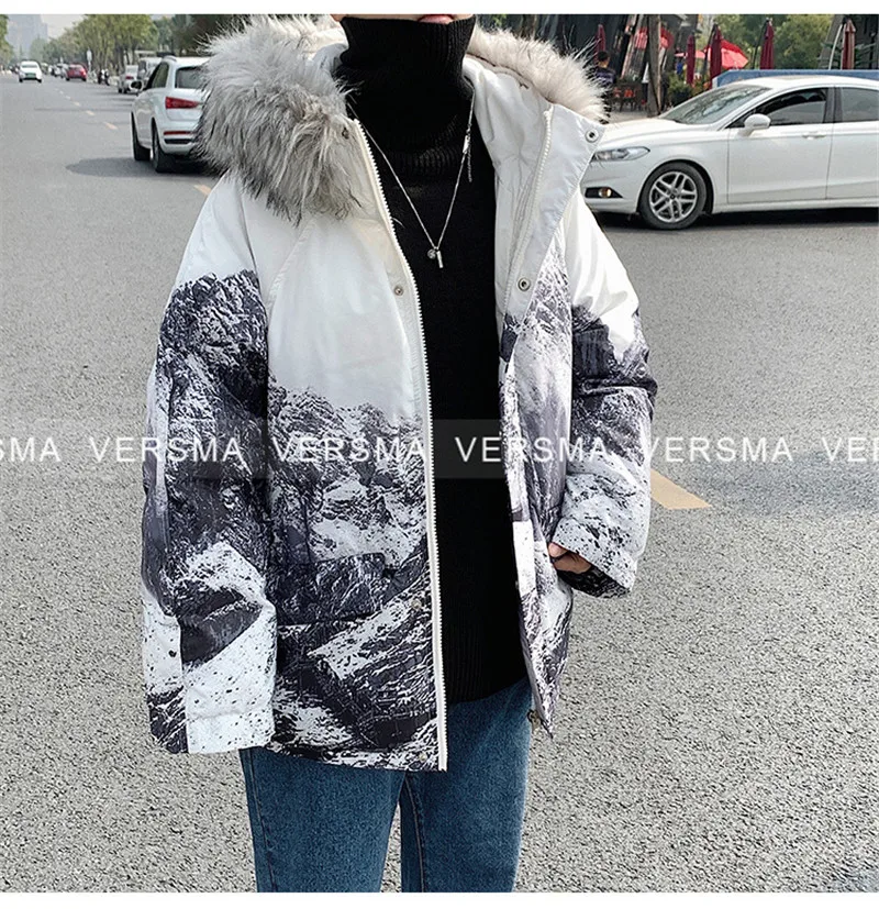 VERSNA Корейская Harajuku куртка с капюшоном и принтом Снежной Горы, пальто, мужские парки, зимняя уличная куртка в стиле хип-хоп с меховым воротником, Мужская ветровка