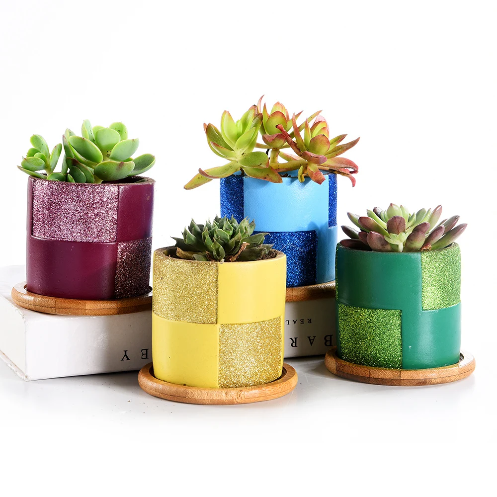 

Glitter Surface Succulent Planters Cement Pots with Bamboo Tray Grey, for Home,Office Decor Perfect Gift Idea 3.14Inch 4 In set