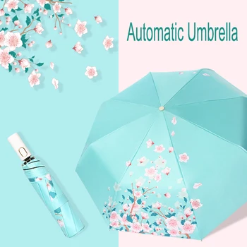 

High quality Sakura pattern automatic umbrella Anti-UV For Women Gift Fashion Windproof Sun Rain Ladies Vinyl Umbrellas