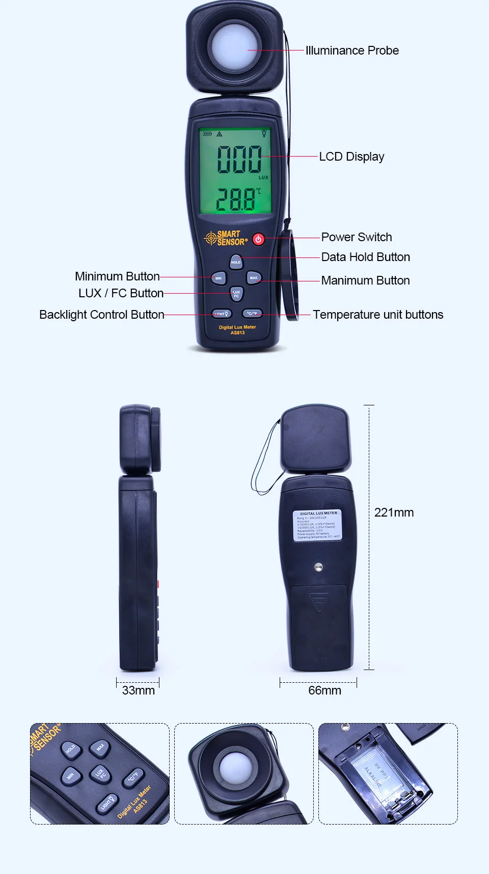 Умный датчик AS813 цифровой люксометр 1-200000 Lux Light Mete Высокоточный Люкс/Люкс-измеритель, фотометр