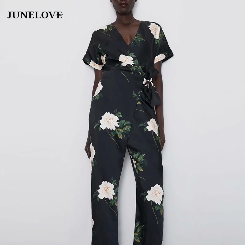 JuneLove женские комбинезоны с коротким рукавом Boho с цветочным принтом в винтажном стиле женский свободный комбинезон повседневный уличный праздничный женский комбинезон на шнуровке