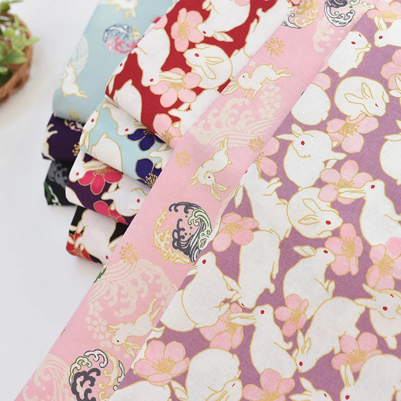 

Japan Retro vintage blue/red/gold rabbit100% cotton bronzed fabric for DIY Bag kimono/Girdle/Headband1 order=0.5meter