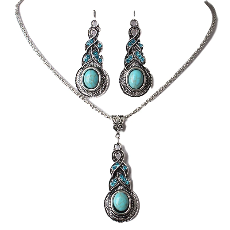 

European And American Style Water Drop Set Retro Pattern Blue Crystal Jewelry Necklace Earrings