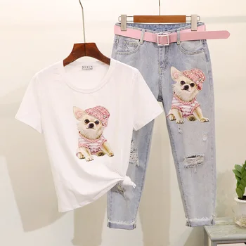 

2020 Summer Set Women Beading Sequins Cartoon Print T-shirt + Hole Denim Pants Set Loose Jeans White Tee Femme Two Piece Outfits
