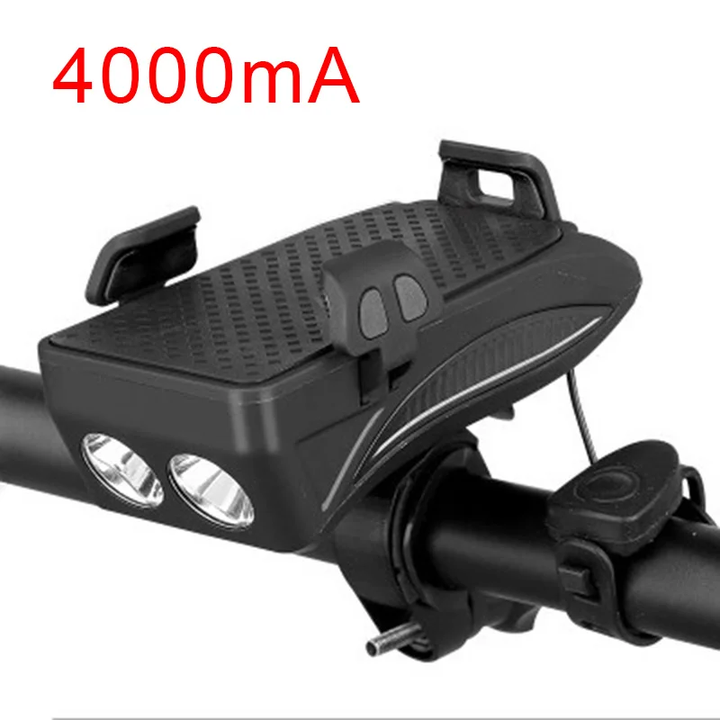 Передняя фара для велосипеда кронштейн для телефона 130db рога 4000mA батарея 3 режима 400 люмен USB зарядка Водонепроницаемый Открытый Велоспорт передний свет - Цвет: Black 4000mA