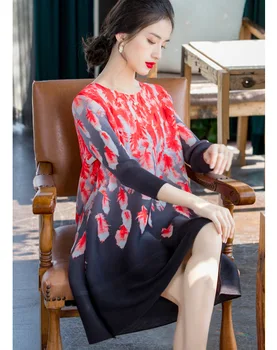 

HOT SELLING Miyake fold fashion Peacock feather print o-neck the three quarter dress IN STOCK