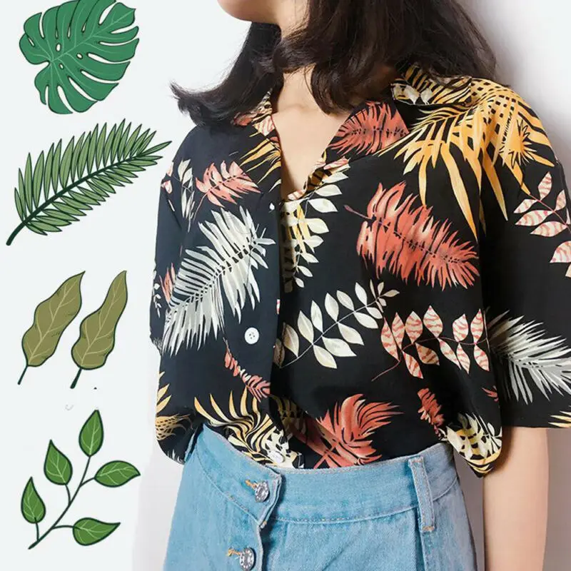 

Women Half Sleeve V-neck Loose Hawaiian Blouse Tops Shirt Floral Casual Button Down Blouse Half Sleeve