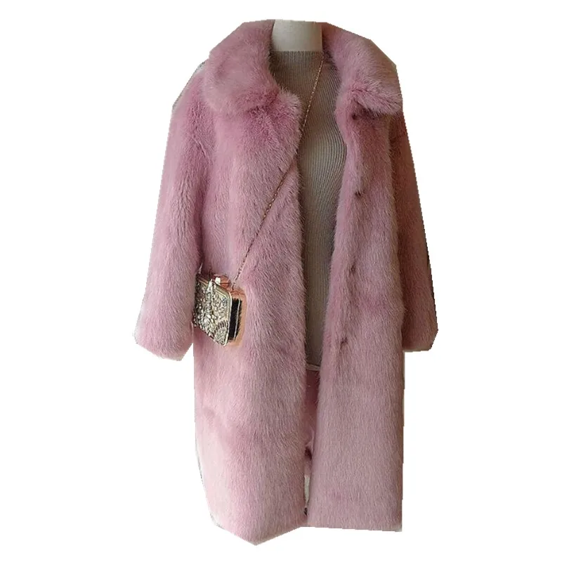 Зимняя куртка с длинным ворсом искусственное пальто из лисьего меха розовая винтажная Женская куртка с длинным рукавом из искусственного меха длинная верхняя одежда - Цвет: Розовый