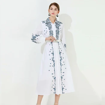 

Long Dress High Quality Spring New Women'S Fashion Vintage Elegant Chic Gentlewoman Lapel Embroidery Stitching White Dresses