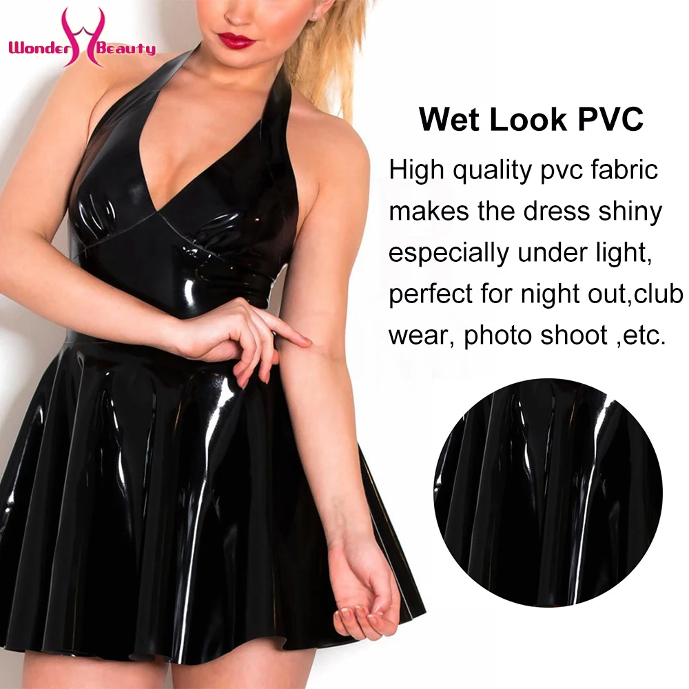 Women Halter A-line Wetlook PVC Dress Latex Leather Sleeveless V Neck Backless Skater Mini Dress Clubwear Vestidos (1)