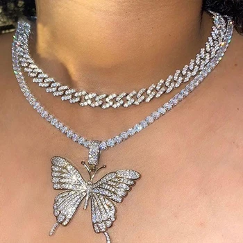 

JJFOUCS Luxury Crystal Butterfly Pendant Necklace for Women Fashion Multilayer Rhinestone Cuban Link Chain Necklace Jewelry 2021