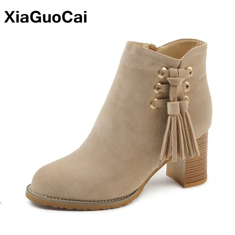 

Spring Autumn Boots Woman Tassel High Heels Women's Shoes Flock Leather Female Martin Ankle Boots Fashion Non-slip High Quality