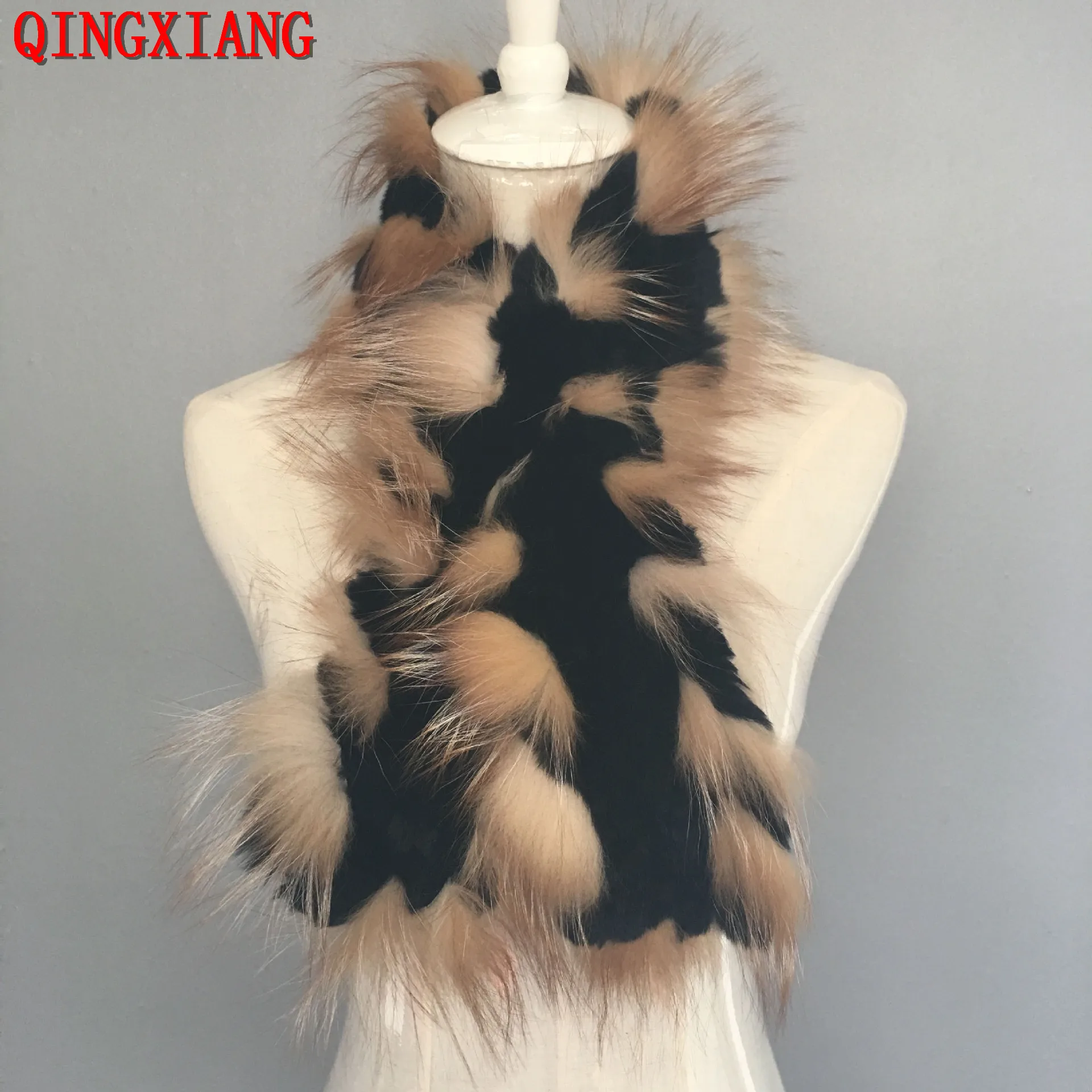 

2019 6 Colors 90cm Length 12cm Width Fashion Women Warm Winter Scarf Ladies Knitted Patchwork Fox Fur Thick Ring