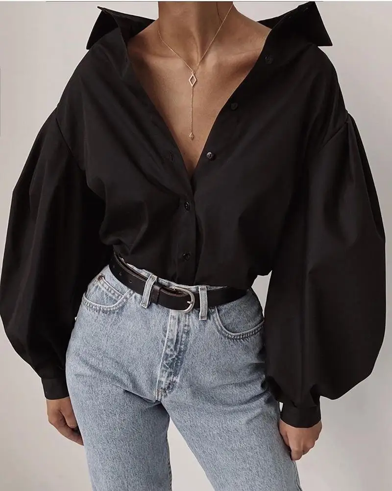 Solid Lantern Sleeve Casual Shirt Women solid black long sleeve t shirt turn down collar tee shirts streetwear fashion blusas