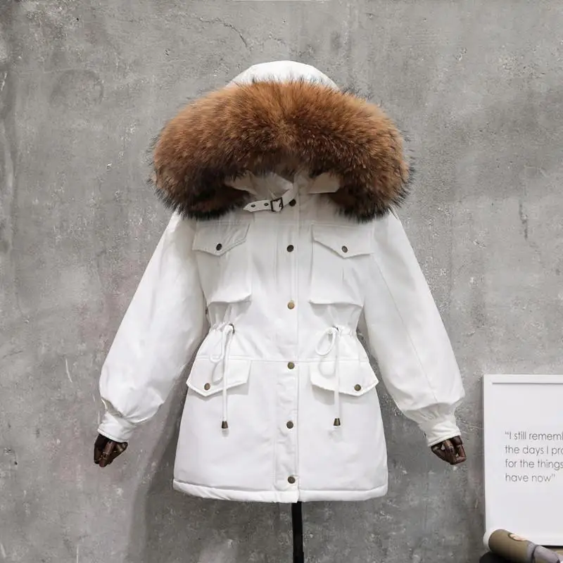 Women Winter Jacket Warm Parka 2019 Fashion Real Large Raccon Fur Collar Long White Duck Down Coat Adjustwaist | Женская одежда