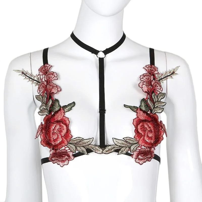 Floral Embroidery Exotic Set Sexy Lingerie Suit Low Waist Open Crotch Thong 30