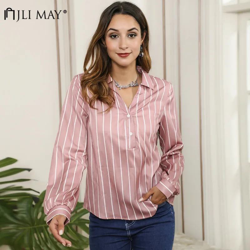 JLI MAY-camisa a rayas para mujer, Blusa de manga larga con cuello en V para oficina, blusas informales para mujer